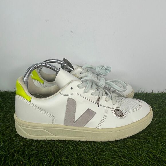 Veja Madewell Sneakers Womens 9 Neon White Leather Low Top Lace Up Beater Shoes - Picture 3 of 9